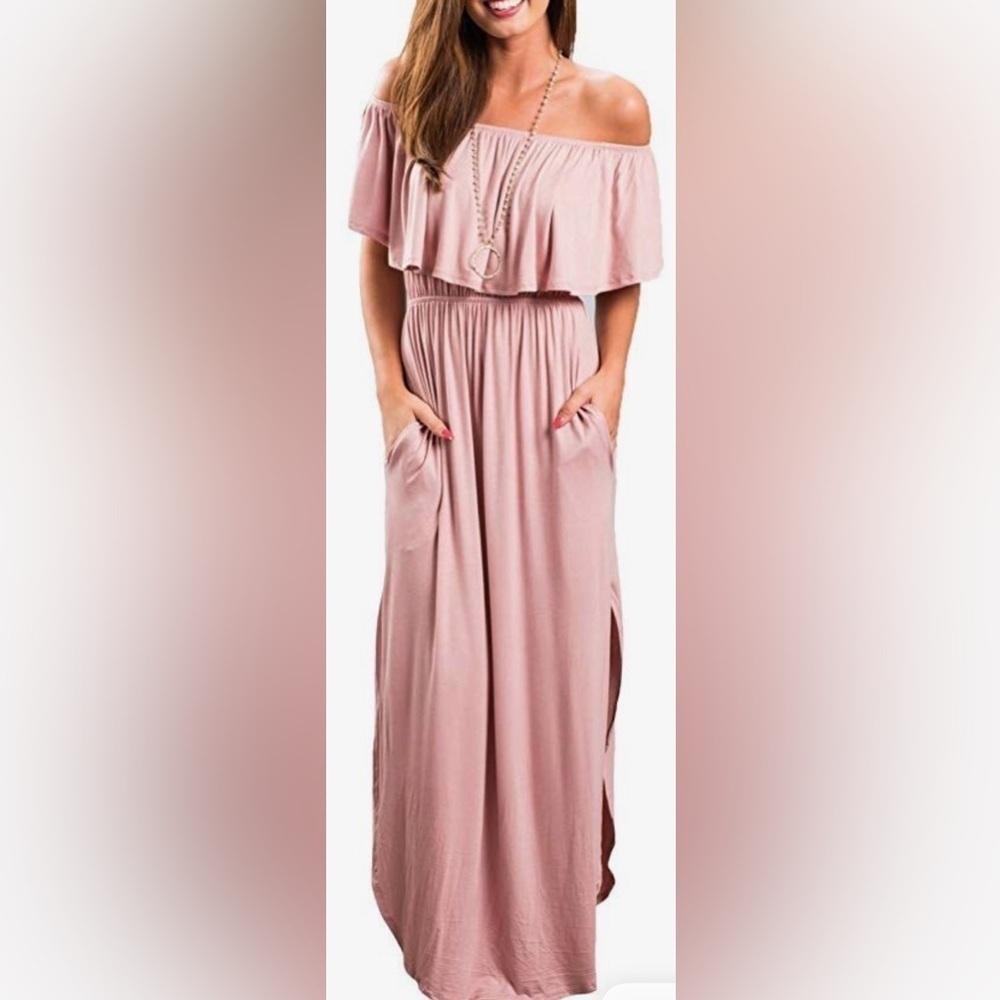 Serin Mathews Elegant Pink Off-Shoulder Dress w pockets. Size M. NWT